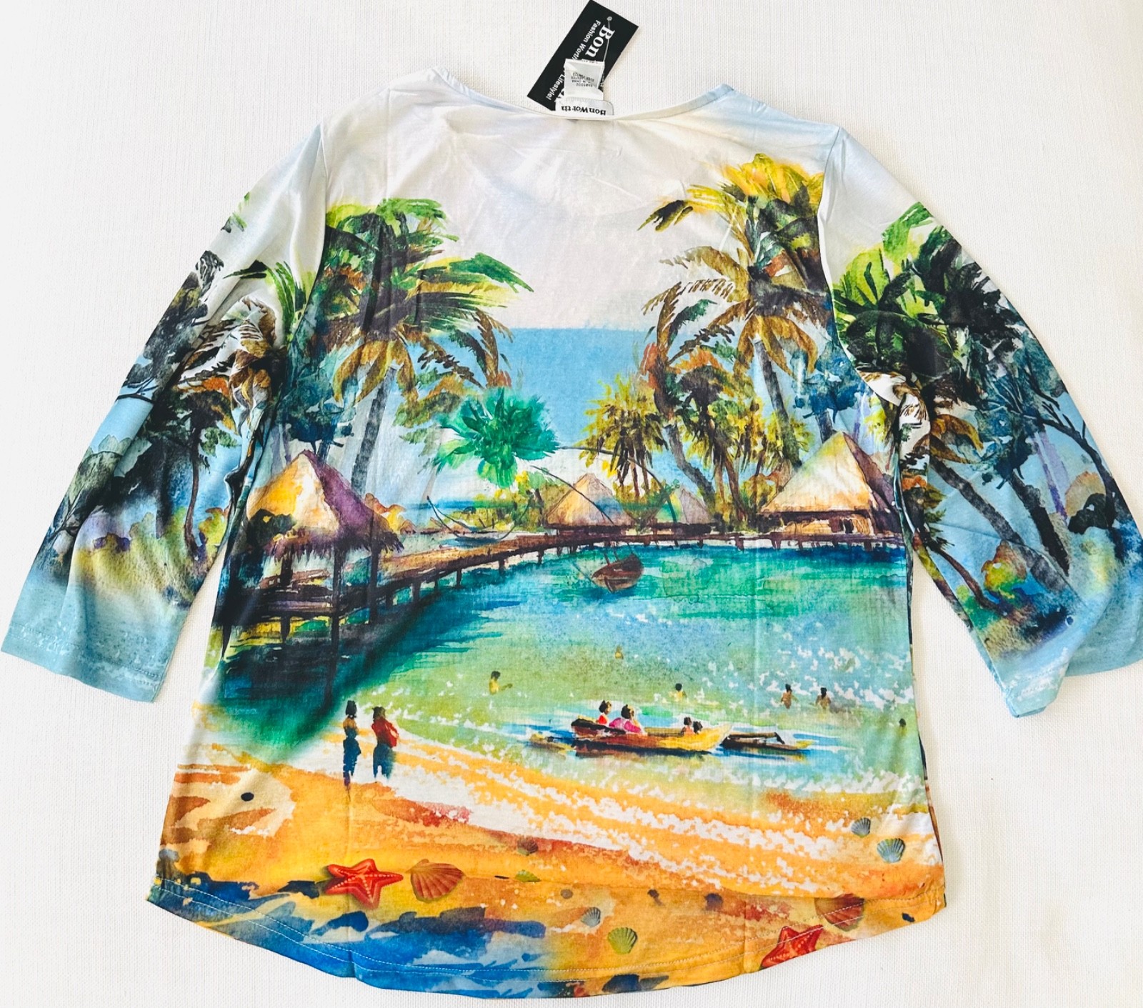 NWT Vibrant Tropical Beach Top 3/4 Sleeve w/Appliques; ALL SIZES – FREE SHIP!