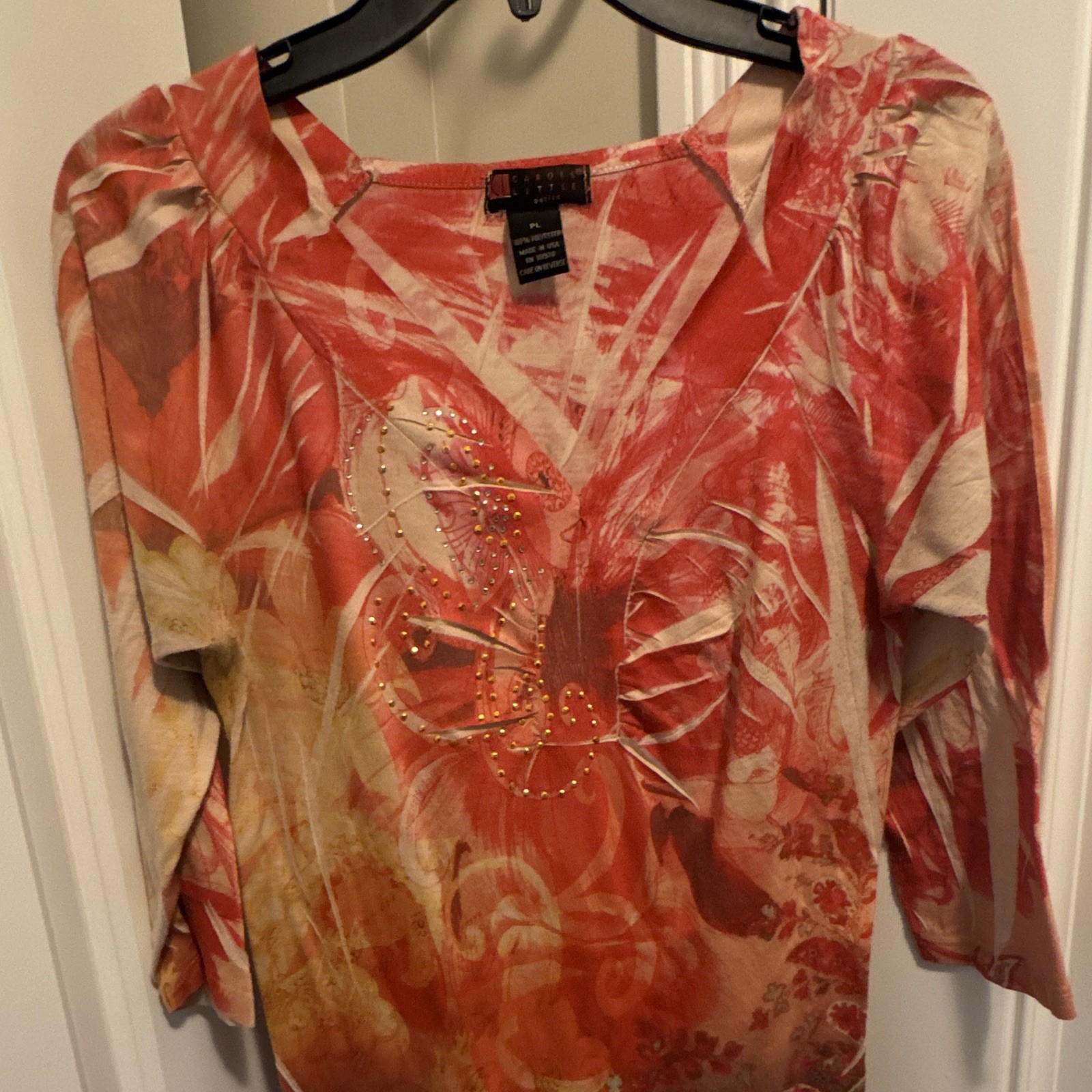 INC International Concepts Orange Floral V-Neck Rhinestone Top PL Petite. Boho