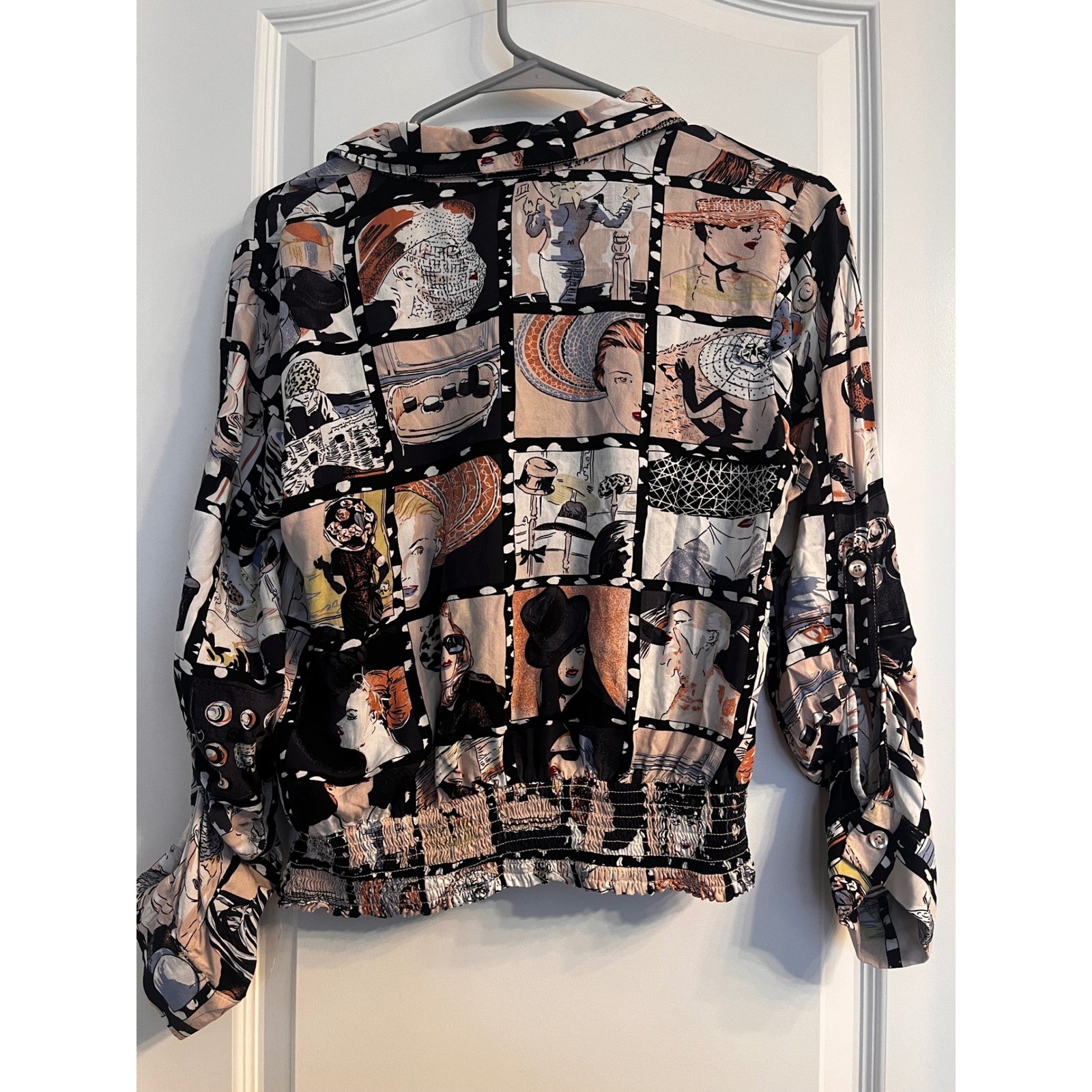Milky & Honey Graphic Twist Front Button Down Shirt Womens L Rayon Art Nouveau
