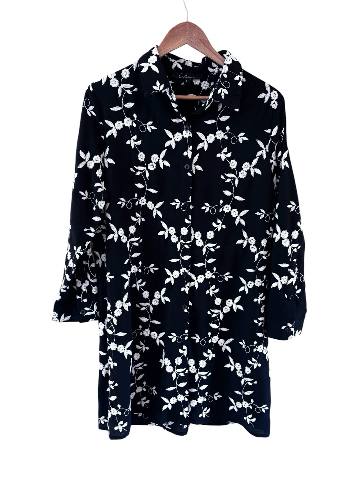 Calessa Floral Button Up Top Womens L Black Boho Embroidered Lagenlook Artsy