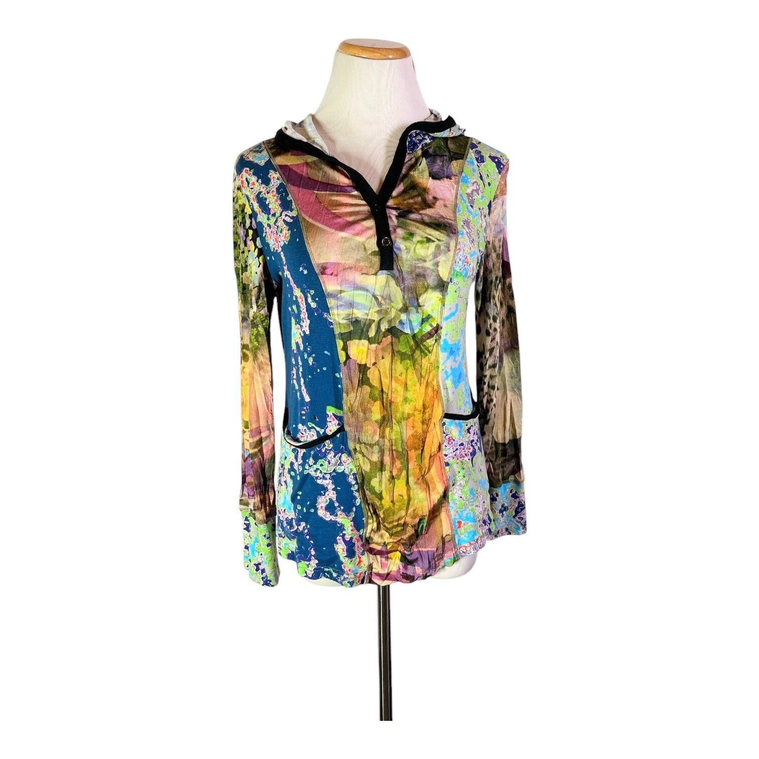Alberto Makali Size M Mixed Fabrics Knit Hoodie Top Pockets Colorful