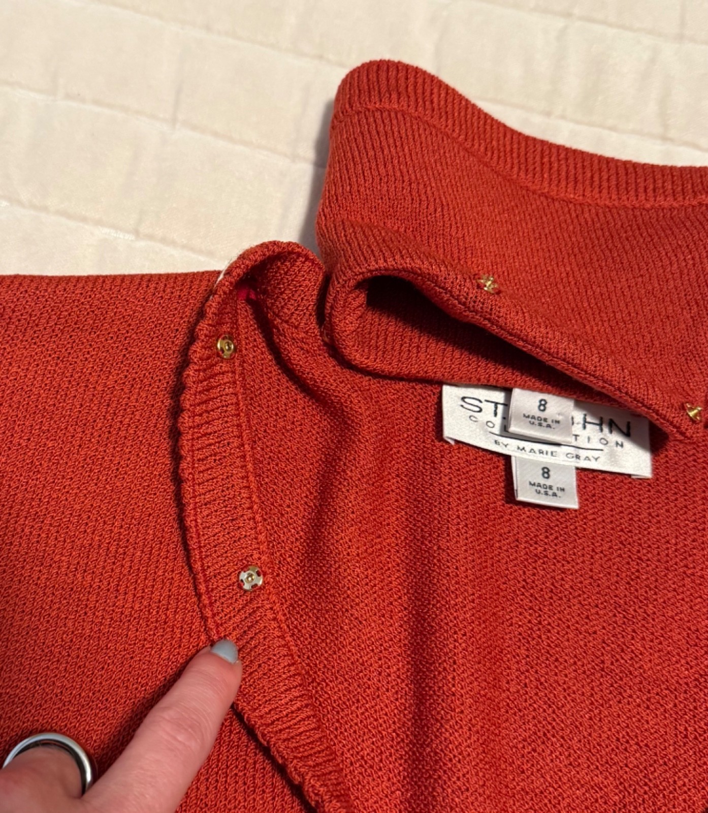 Vtg St. John Marie Gray Size 8 Red Knit Blazer Jacket, Navy Trim, Gold Buttons