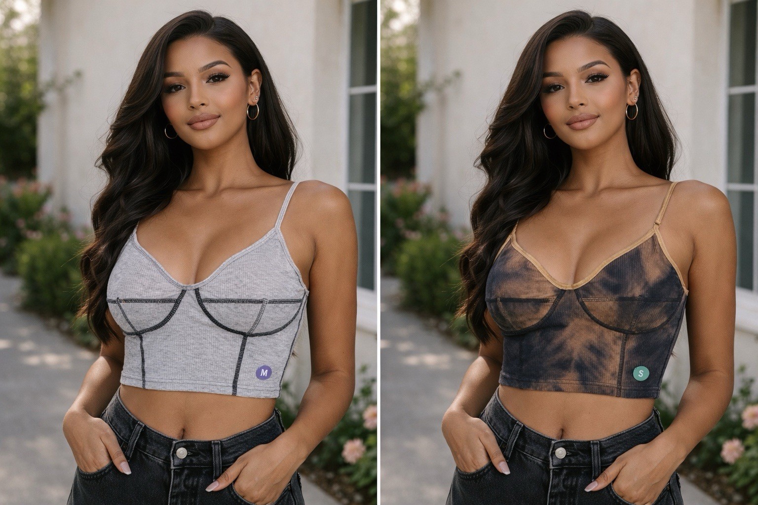 baddie vibez Cropped Spaghetti Strap Tank Top Set Gray Brown Tie Dye Solid S M L