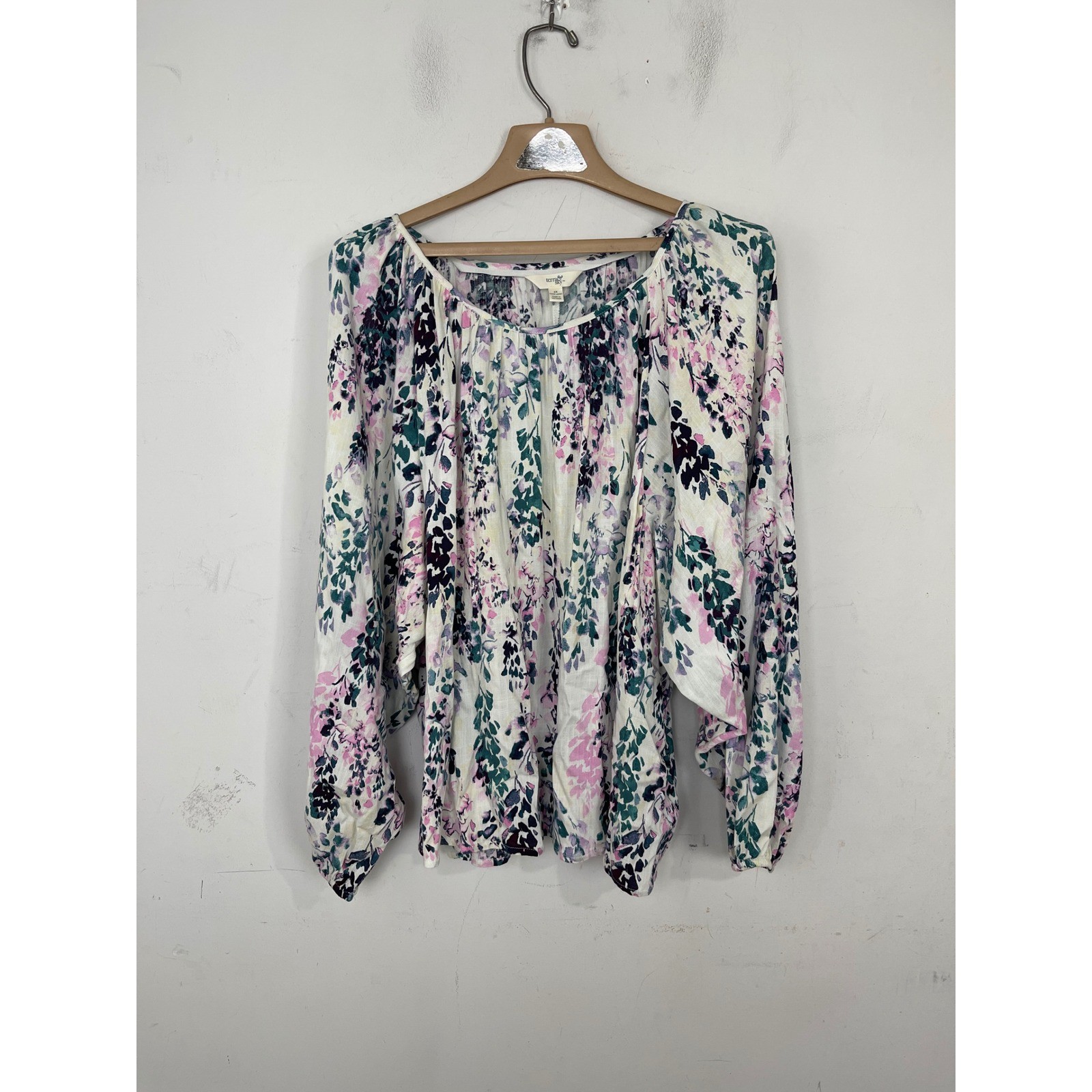 Terra & Sky Womens 2X Floral Watercolor Long Sleeve Blouse Pink Purple Green