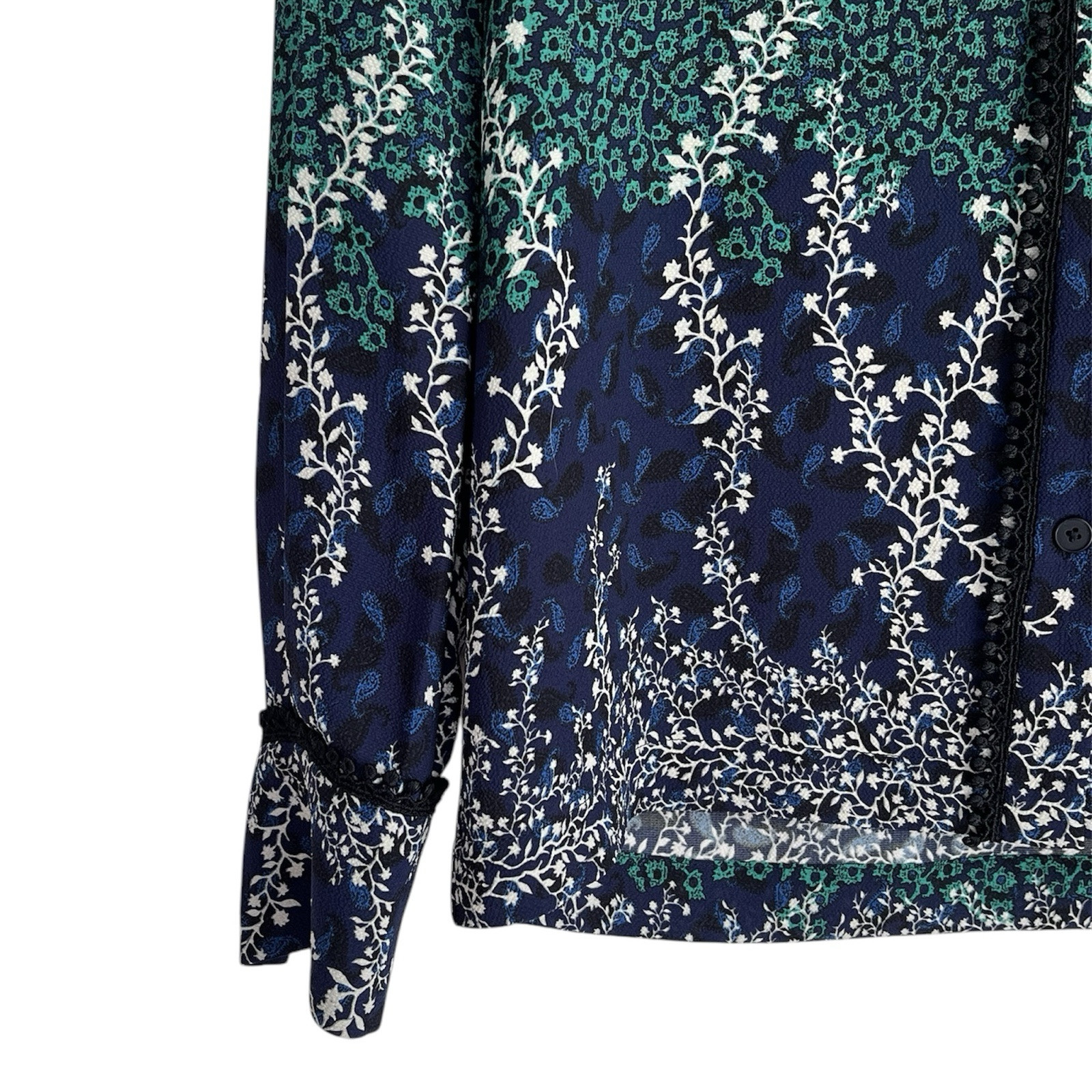 Yigal Azrouel Green Blue White Trellis V-Neck Long Sleeve Blouse 4