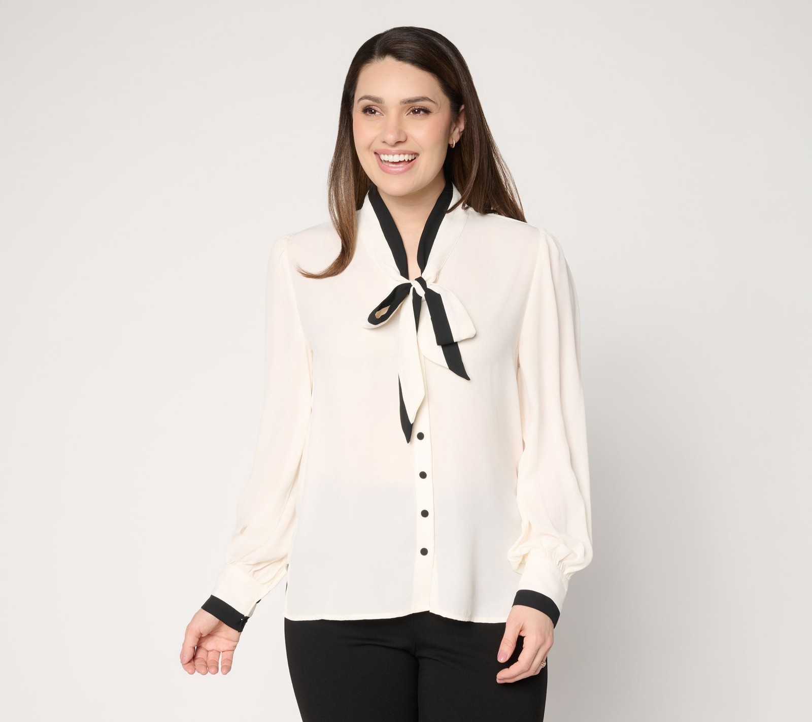 Dennis Basso Two Tone Button Front Blouse with Tunic Ivory/Black 2X New