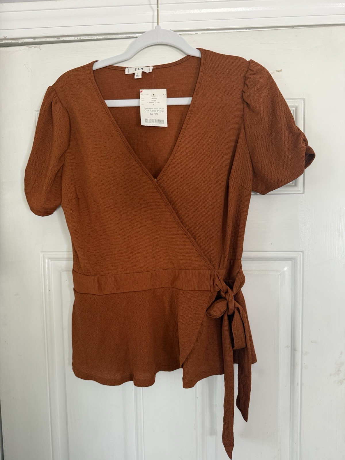 Burnt Orange Tie Waist Blouse Puffed Sleeve Size Large
