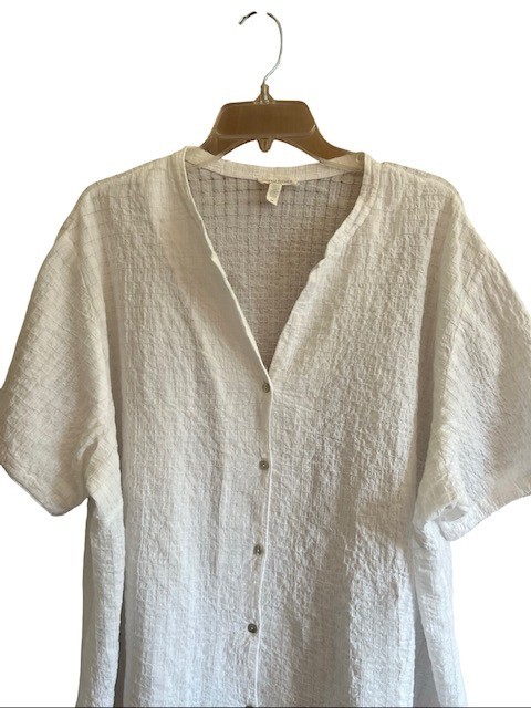 Eileen Fisher Woman 3X Top Cream Organic Cotton Boxy Band Collar Shirt Blouse