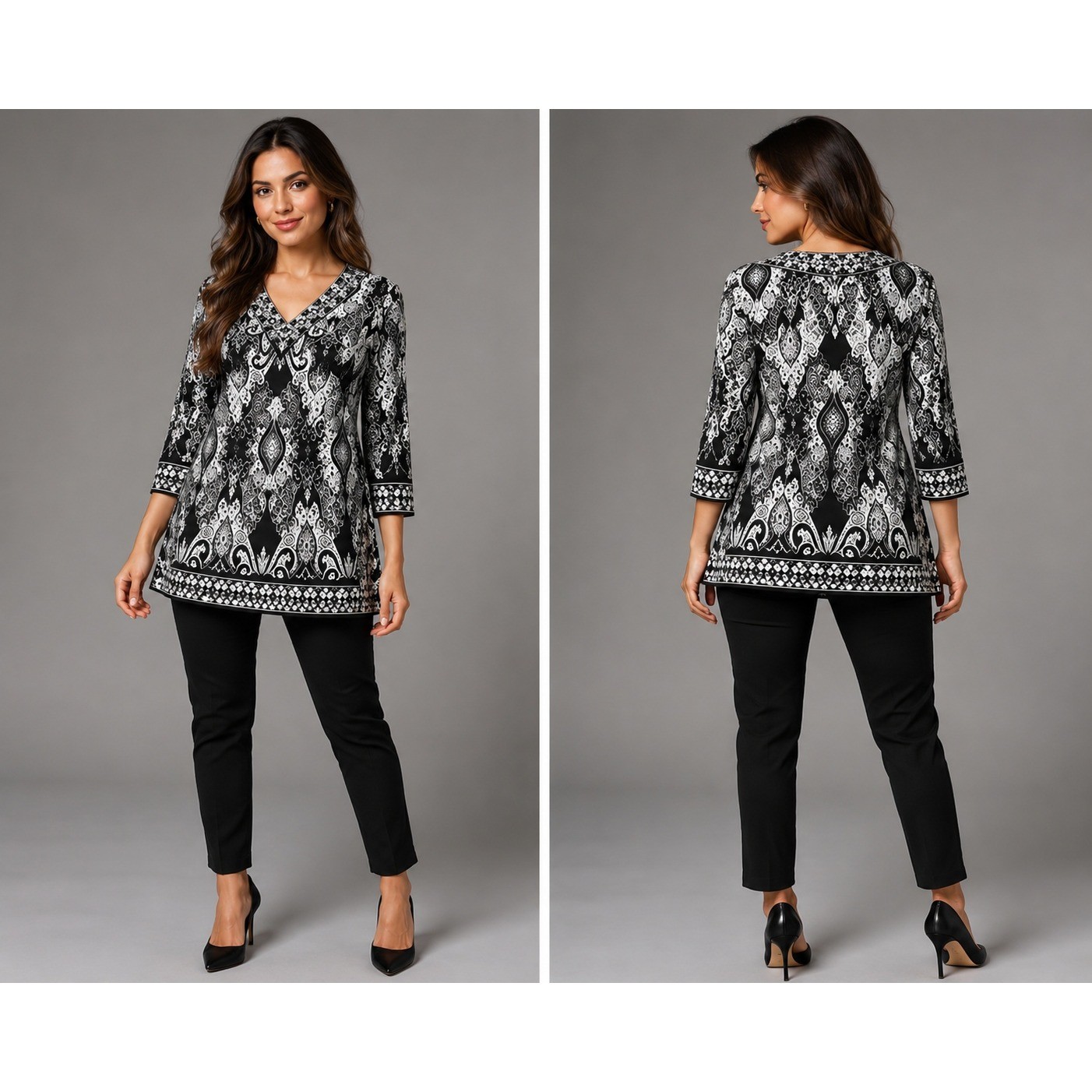 JM Collection Tunic Top Women Size S Black White Paisley V-Neck 3/4 Sleeve Boho