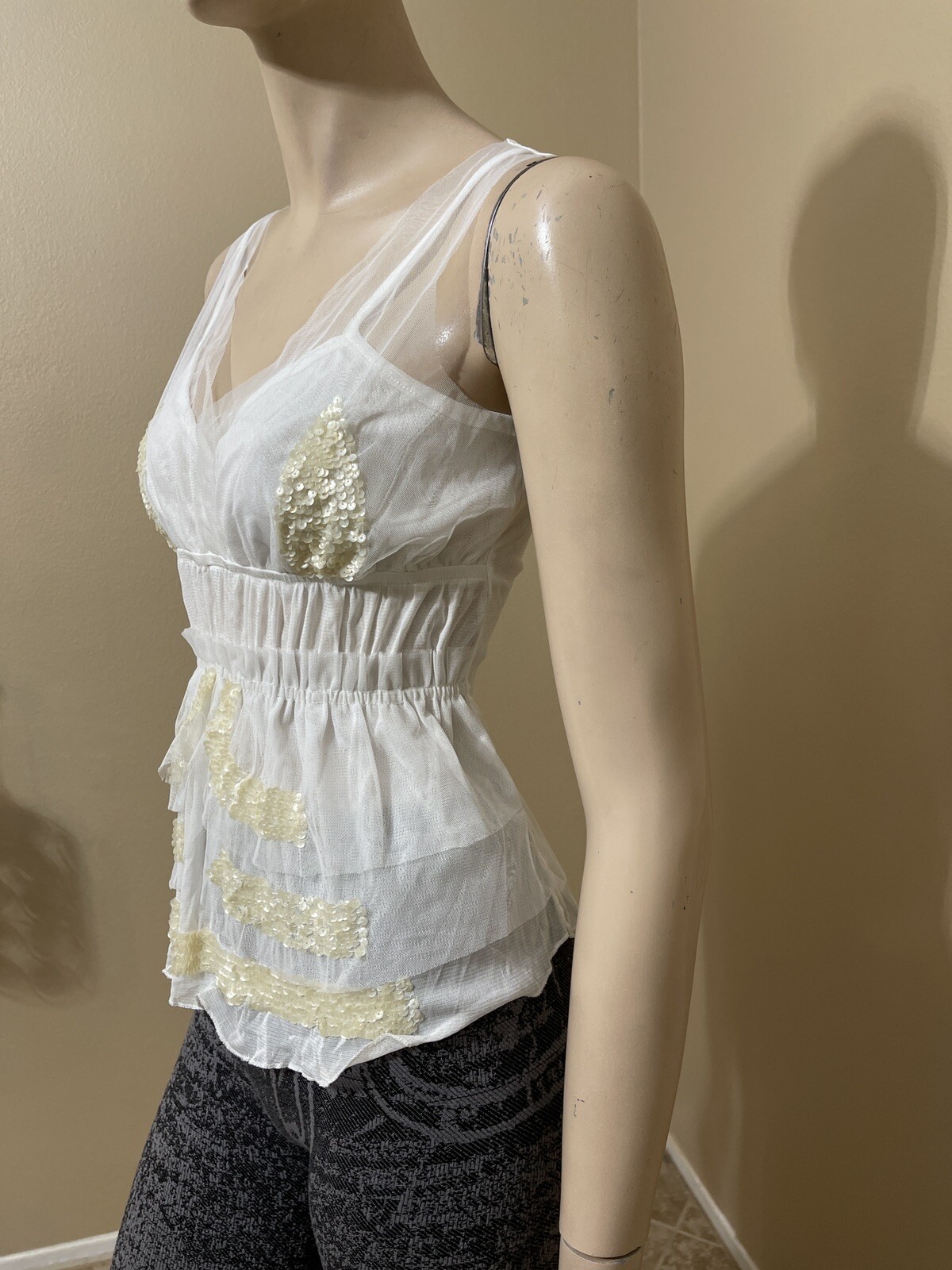 Women’s White Polyester Cocktail Layered Lace Beaded Pleated Size M Blouse Top