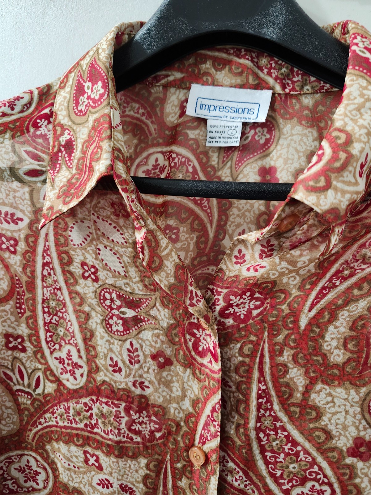 Impressions Of California Top Womens L Blouse Button Up Paisley AOP VTG 80s 90s