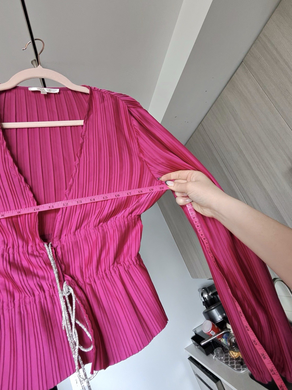WAYF Payton Tie-Front Blouse Pleated Pink Satin Rhinestone Small