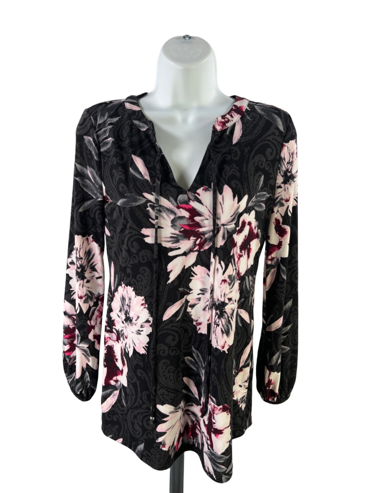 White House Black Market Women’s Black/Pink Floral Long Sleeve Blouse – XXS