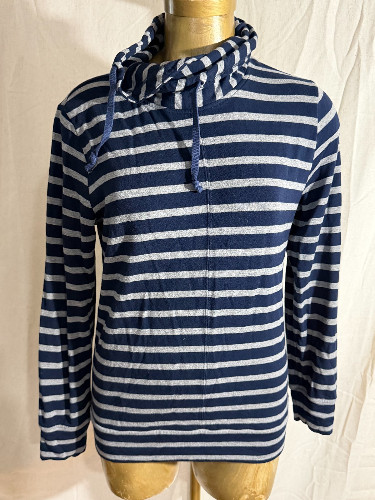 Sperry Womens S Navy Gray Striped Cowl Neck Drawstring Long Sleeve Top