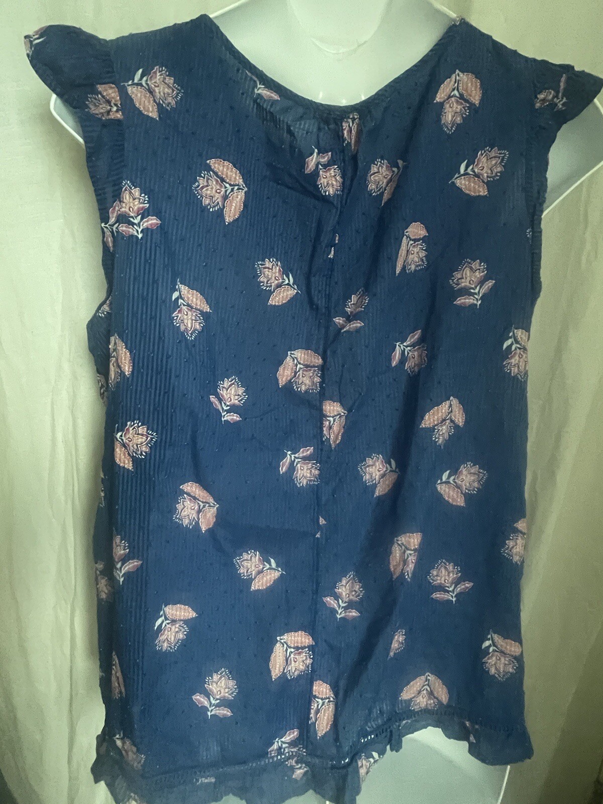 JOE FRESH Blouse Blue Pink Floral Gaze Sleeveless Ruffle Tie Neck Pullover 2X