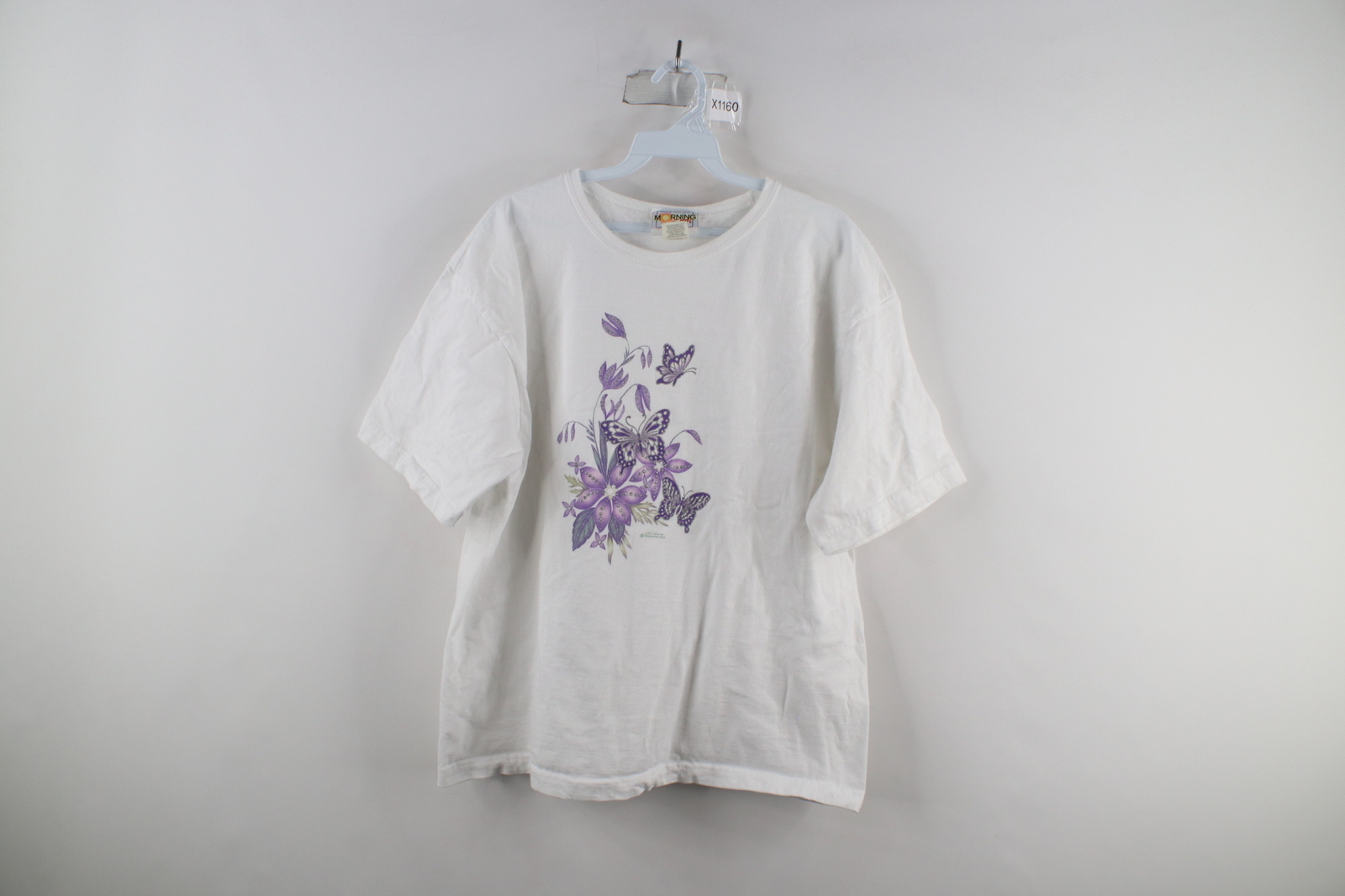 Vintage 90s Country Primitive Women XL Glitter Flower Butterfly T-Shirt USA