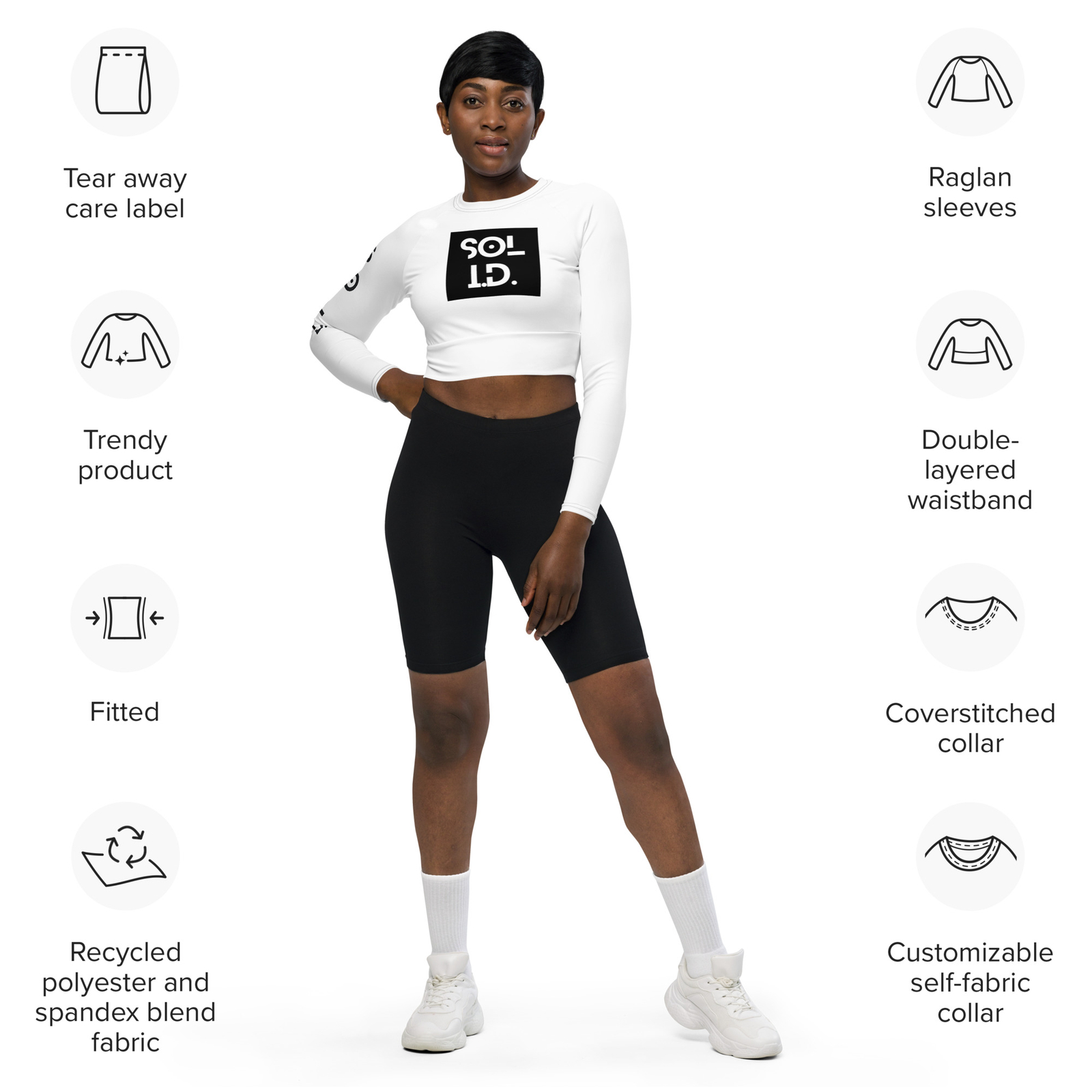 Women’s Long Sleeve Crop Top | White w/ Black Logo | UPF 50+ | Sizes 2XS-6XL