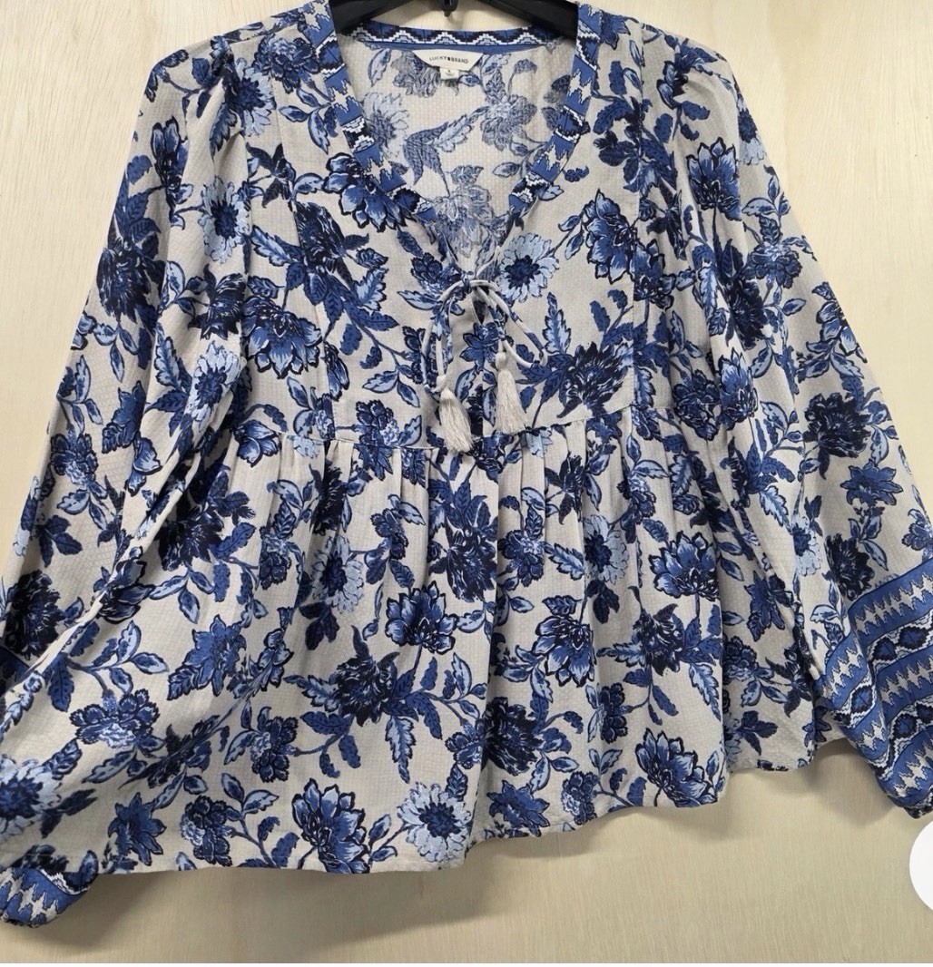 Lucky Brand Blue Floral Peasant Boho Blouse Tassel Babydoll S Balloon Sleeves