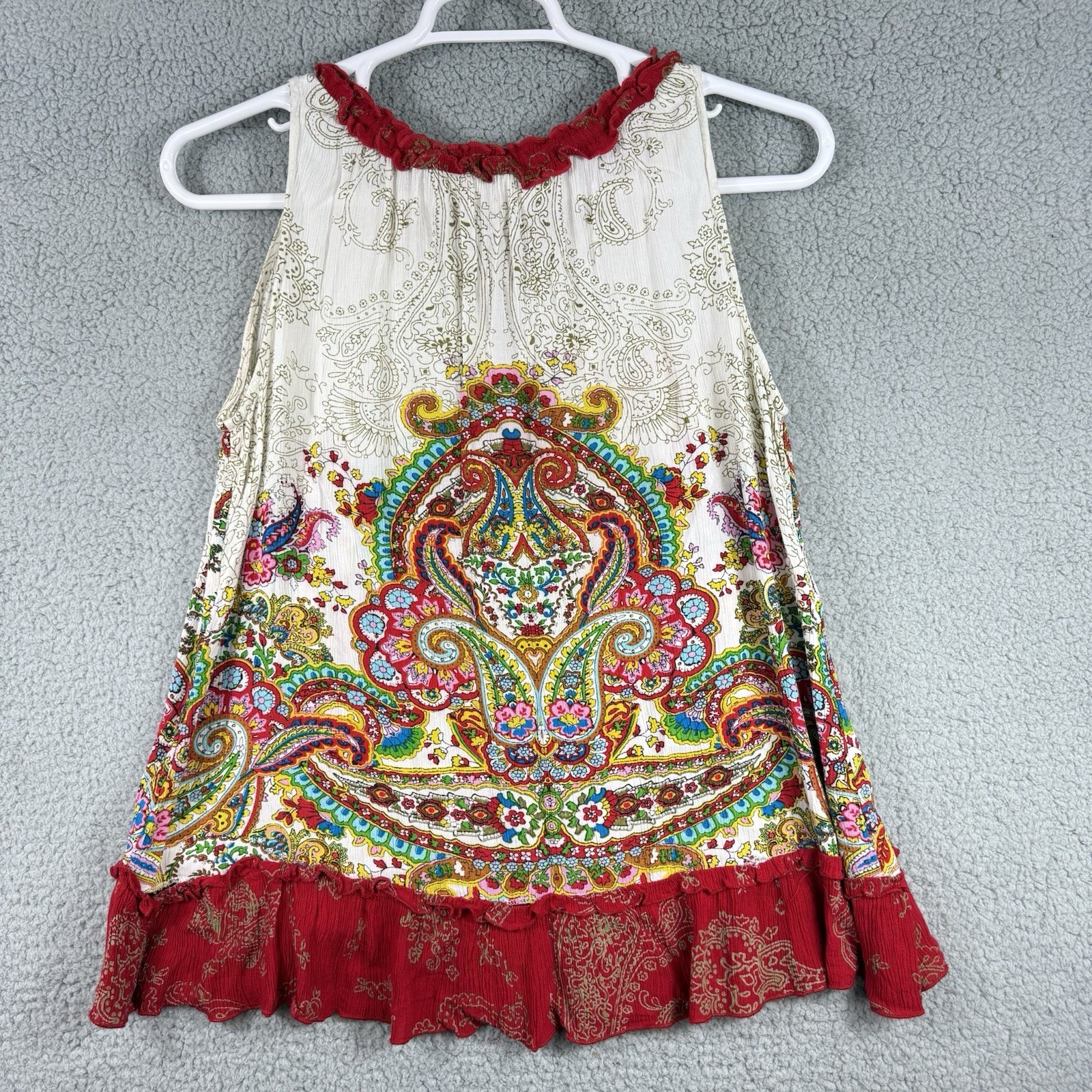 Bila Womens Large Sleeveless Paisley Tank Top Tassel Ruffle Hem Boho Festival