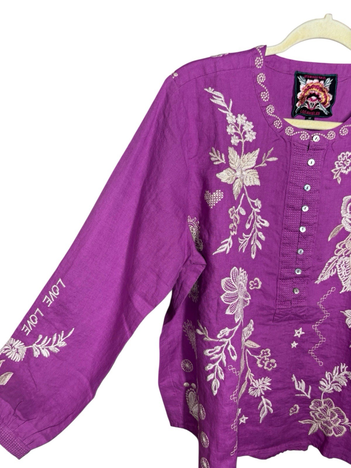 Johnny Was XS Field Henley Blouse Pink Linen Shirt Embroidered Button Shirt
