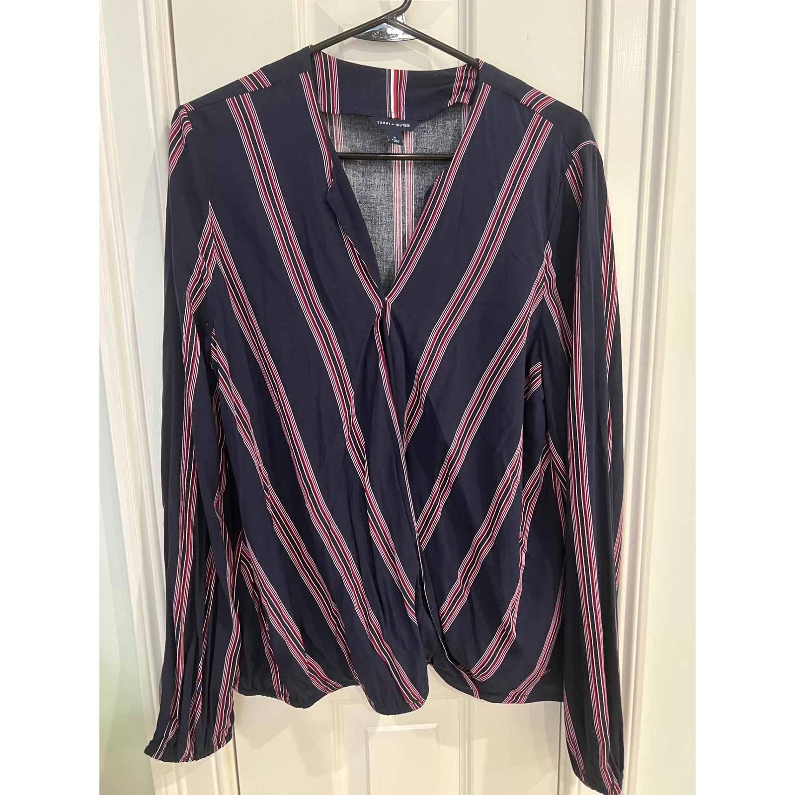 Tommy Hilfiger Womens Navy Blue Red Striped Surplice Wrap Blouse Top Medium