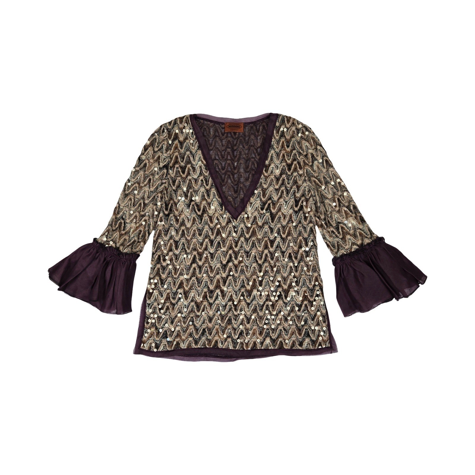 Missoni Zigzag Sequin V-Neck Top Plum Gold Silk Bell Sleeve Made in Italy Womens