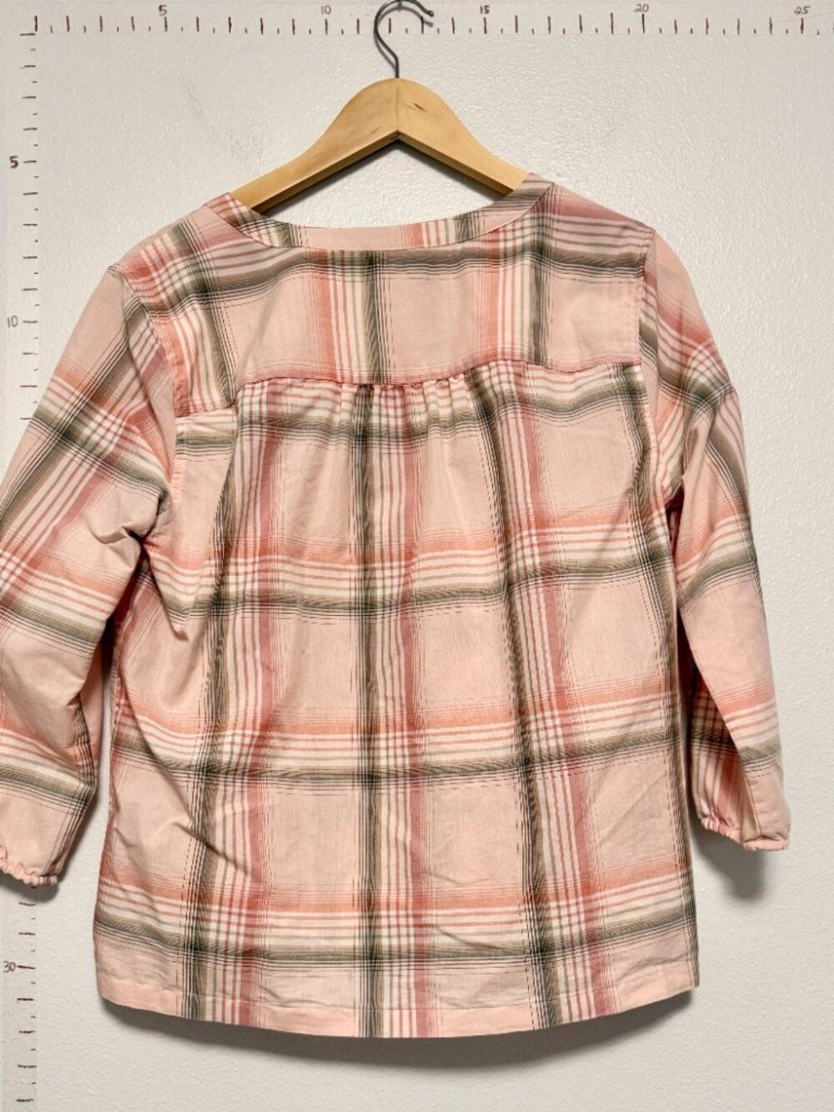 Eddie Bauer Pink Plaid Peasant Popover Blouse Cotton Size M Cabin Cottagecore