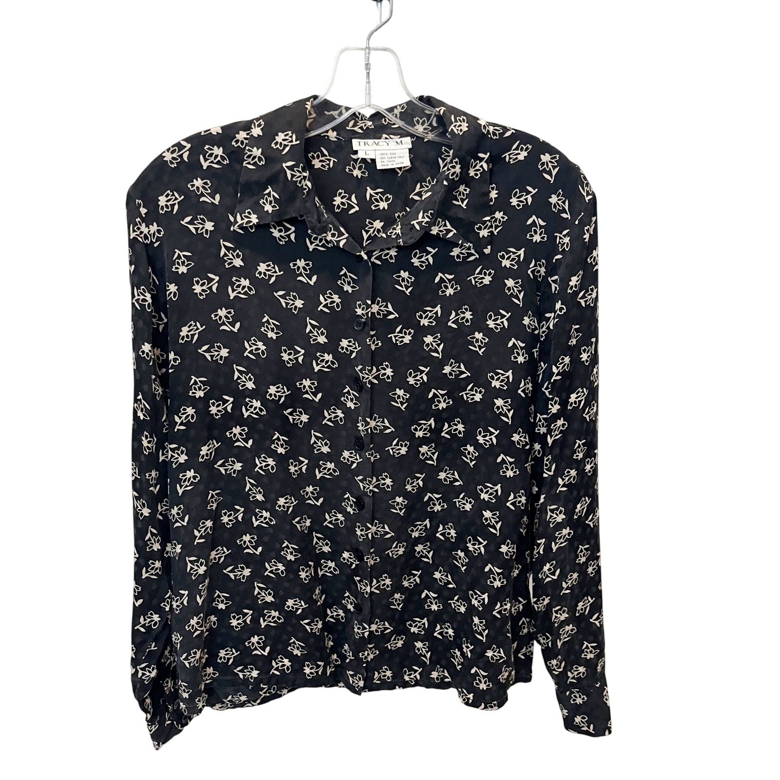 Vintage Tracy M Silk Floral Heart Blouse Black Cottagecore Button Down LARGE