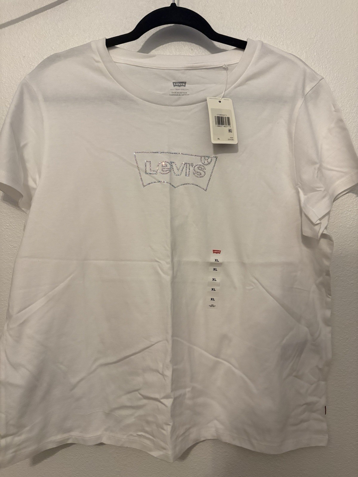 Levi’s Women’s White Rhinestone Logo Crew Neck Short Sleeve Cotton Tee XL