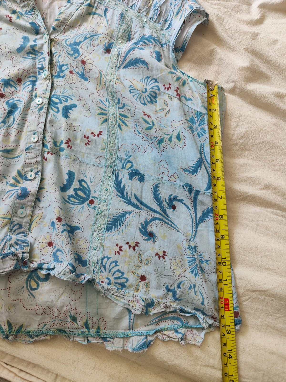 Y2K New Look Boho Shirt Cropped Blouse Button Down Top Thin 100% Cotton Sequin