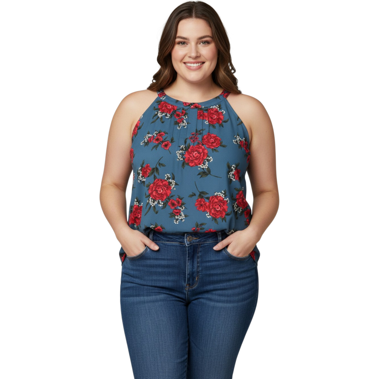 Torrid Floral Sleeveless Blouse Womens 3X 22/24 Blue Red Keyhole Back Polyester