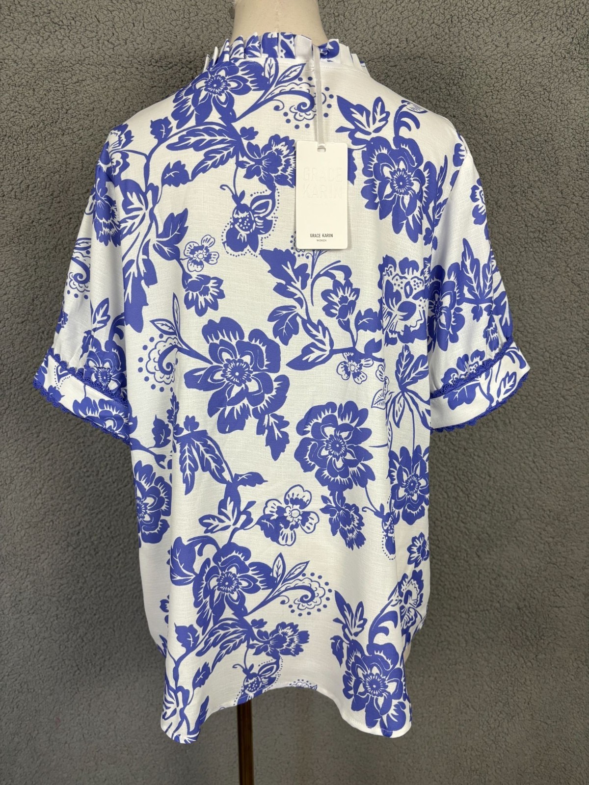 Grace Karin Women’s Floral V-Neck Puff Short Sleeve Blouse XL White & Blue NWT’s