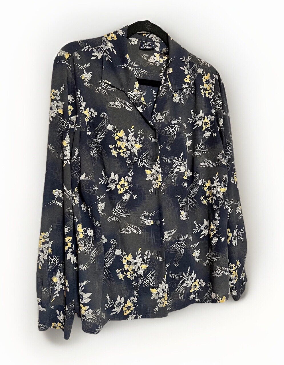 Laura Scott Woman 16W Navy Gray Floral Blouse Easy Care Career Button Up