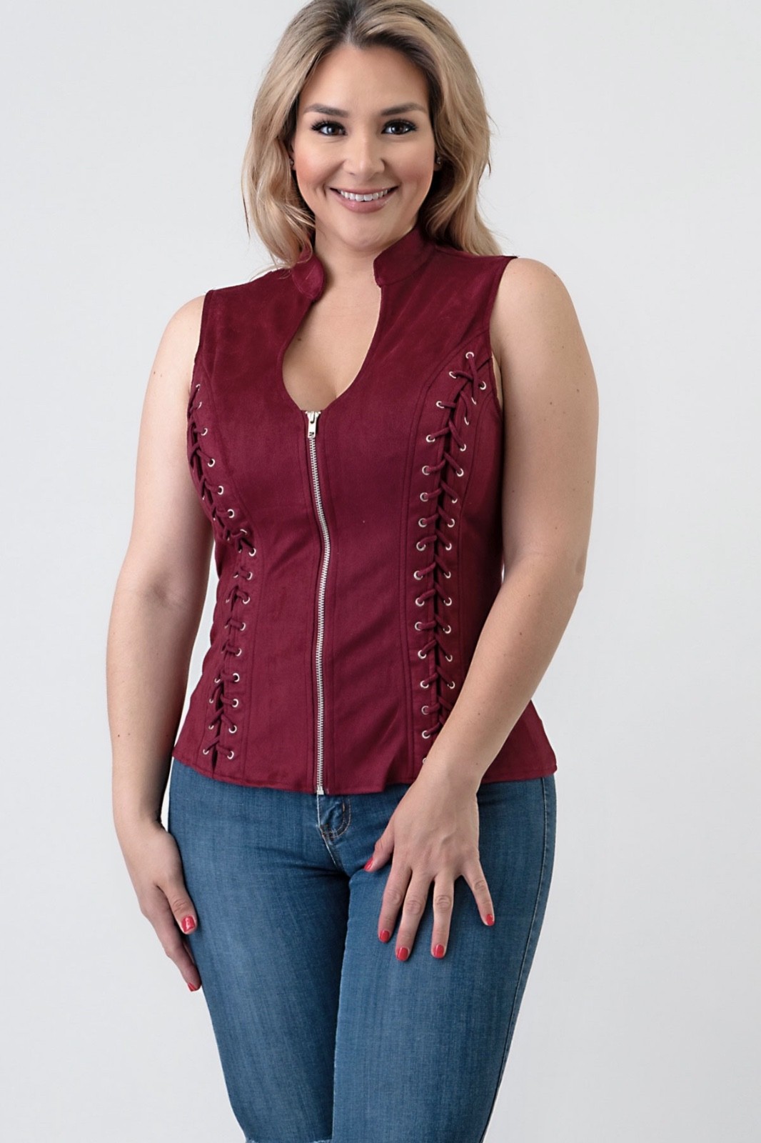 Lydia USA Lace Up Criss Cross Back Suede Vest Tank Top Burgundy Plus 1XL 2XL 3XL