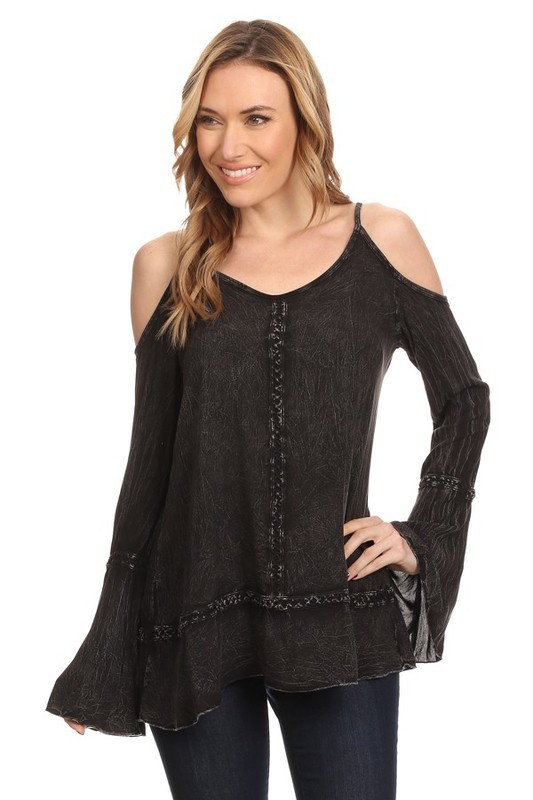 NWT T Party Navy Vintage Wash Cold Shoulder Bell Sleeve Top Medium