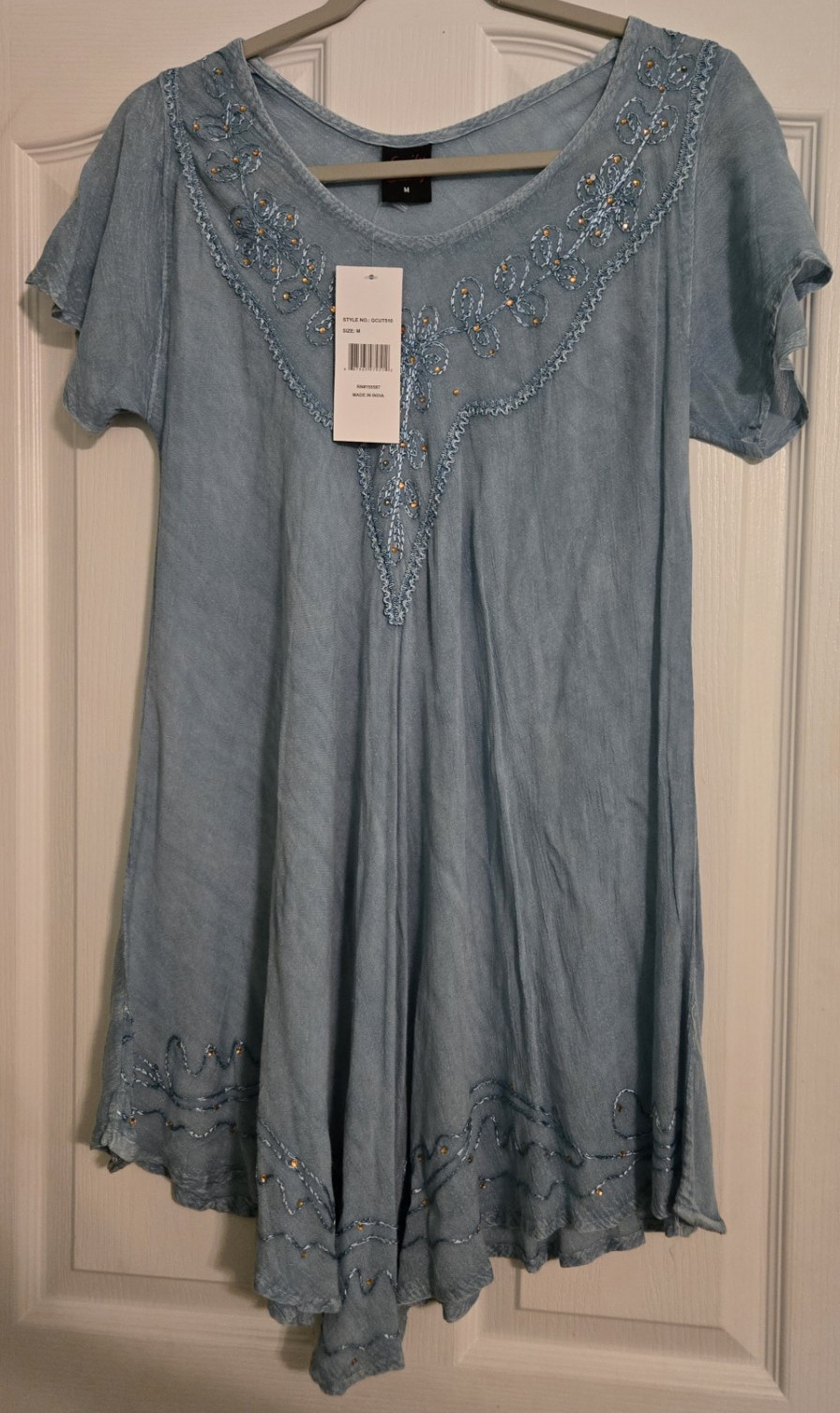 Emily Stacy Blue Embroidered Beaded Long Top w/ Scoop Neck Short Sleeve M #96