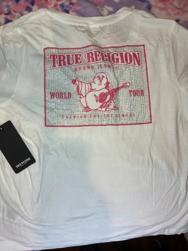 True Religion White Rhinestone V-Neck Graphic Tee NWT XL