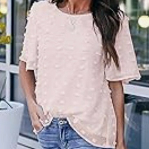 Medium Blooming Lilly Womans Top Pink Chiffon Lined Short Sleeve Poka Dots