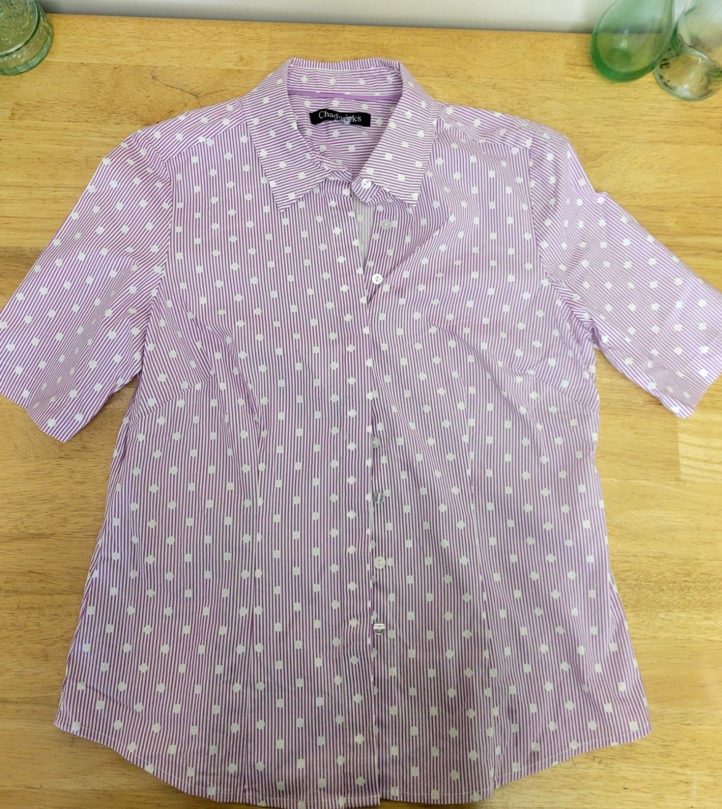 Chadwicks Of Boston Purple White Polka Dots Short Sleeve Button-Up Shirt 10P