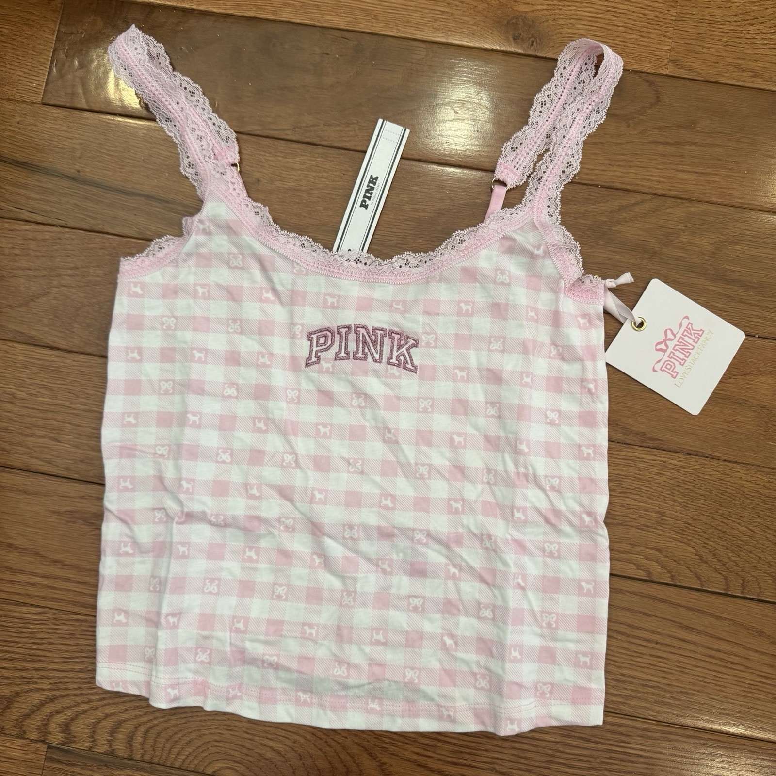 Victoria’s Secret PINK x LOVE SHACK FANCY Gingham Lace Tank Top SMALL NWT
