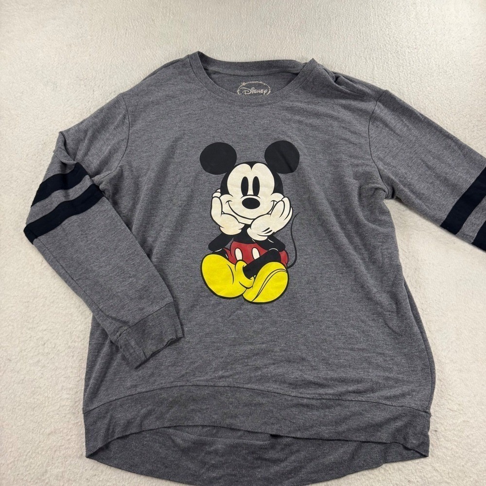 Disney Mickey Mouse Graphic Top Womens XL Grey Good Varsity Stripe High-Low
