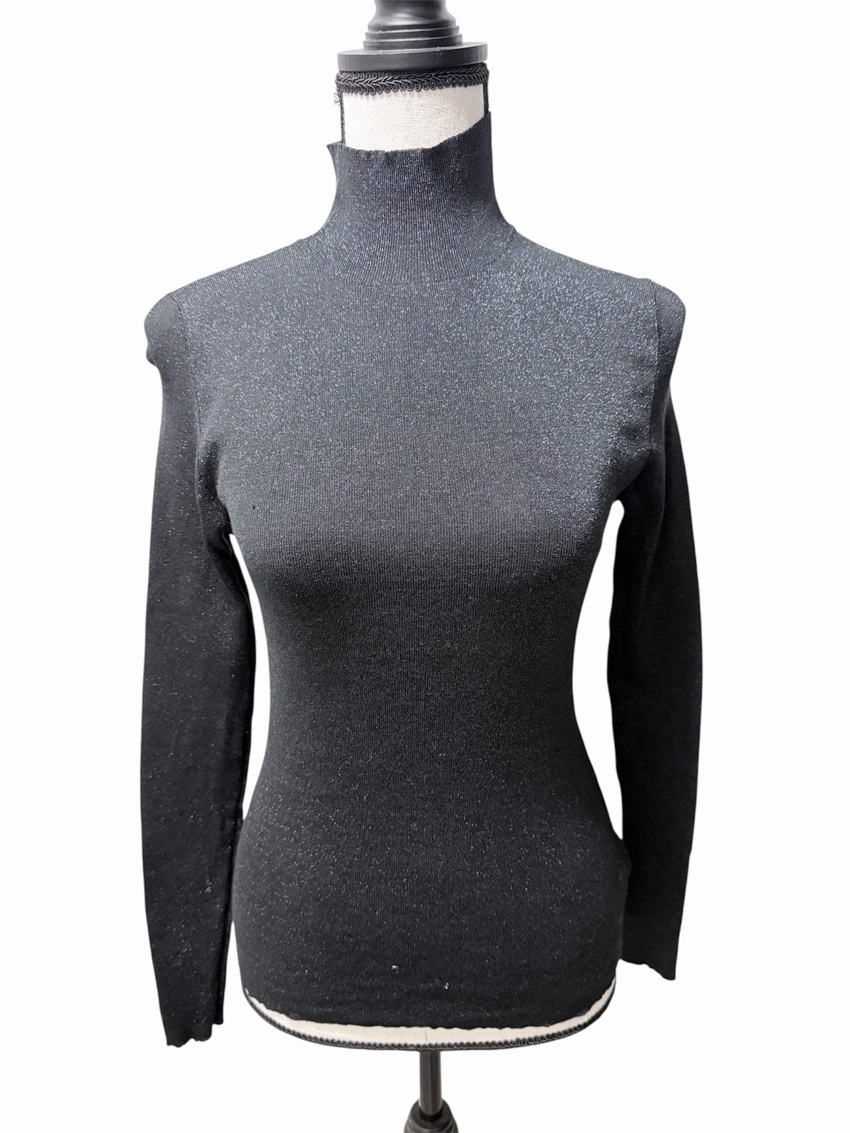 Dana Buchman Silk Black Metallic Glitter Turtleneck Long Sleeve Top Size Small