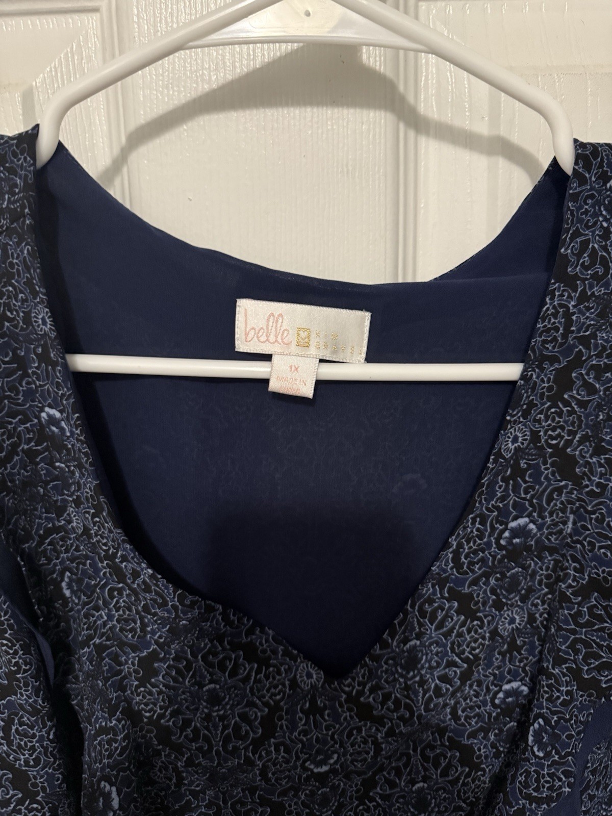 Belle Kim Graver Blouse Blue V-Neck Sheer Ruffle Sz 1X QVC