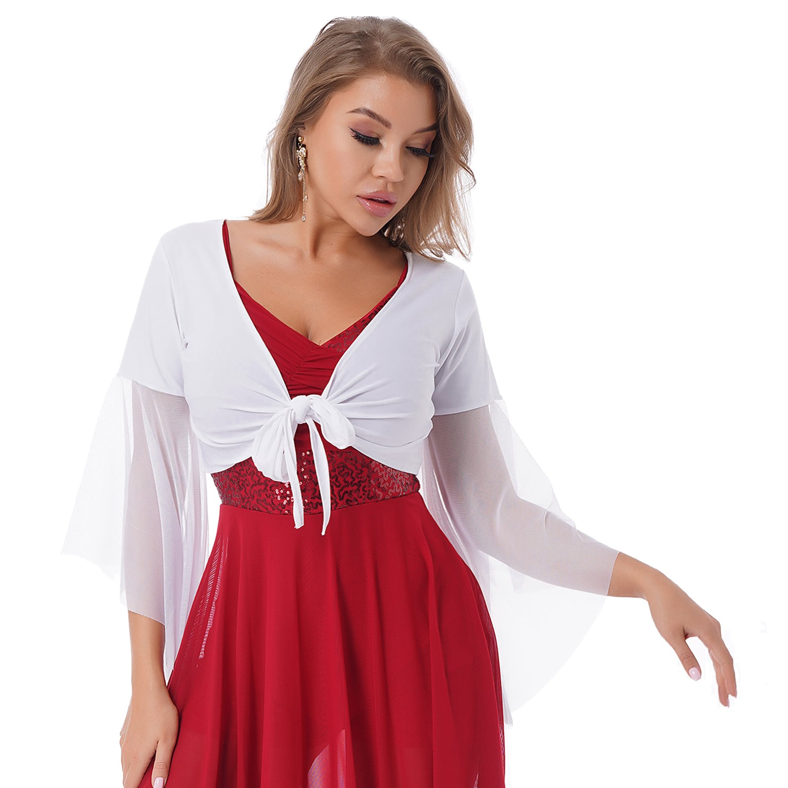 Women Blouse Stage Shirts Vintage Crop Top Festival Dancewear Tulle V Neck Tee