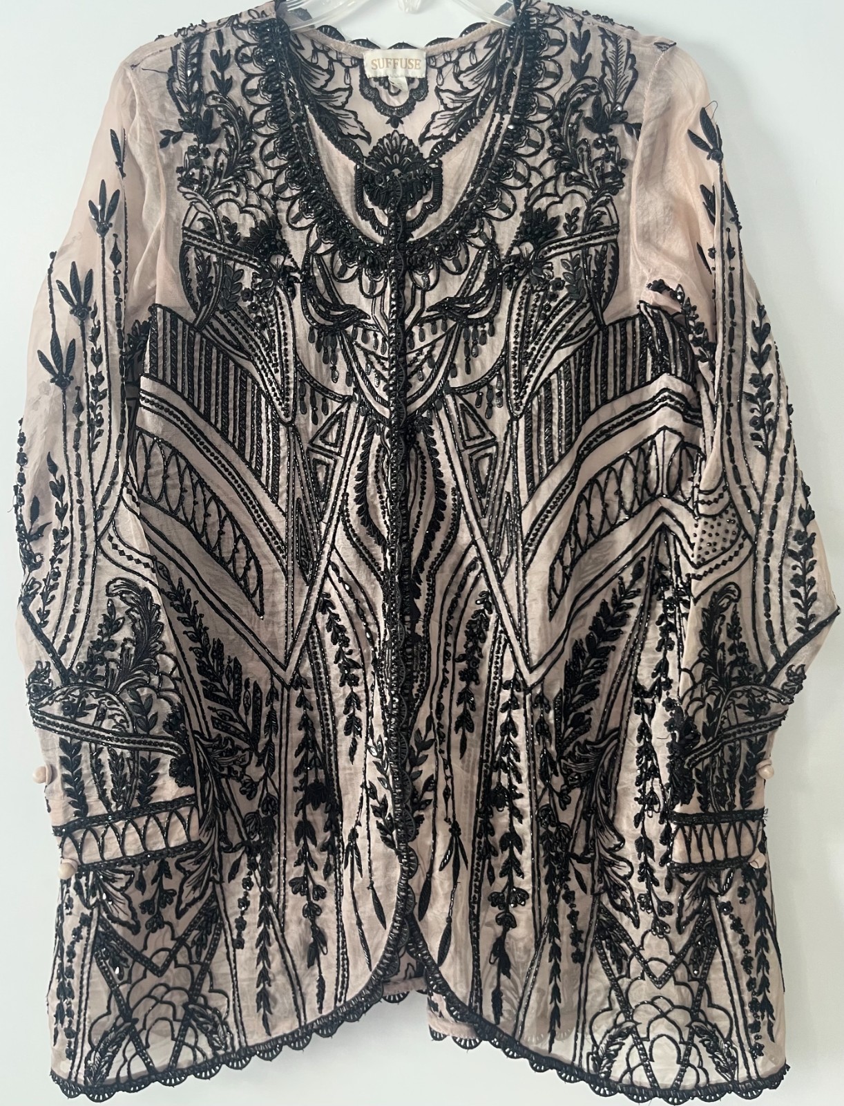 Suffuse Luxury Embroidered Silk Tunic Kurta Top Blush Pink Black Beaded Size M