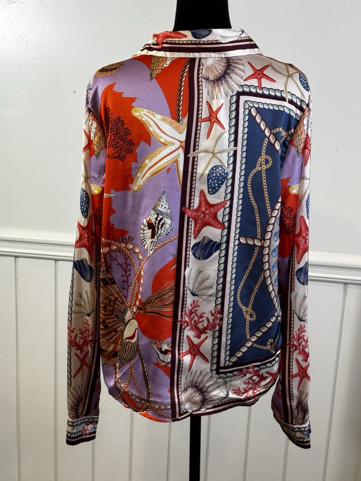 Coastal Chic Button Down Top L Marine Print Beach Vacation Nautical Resort Wear