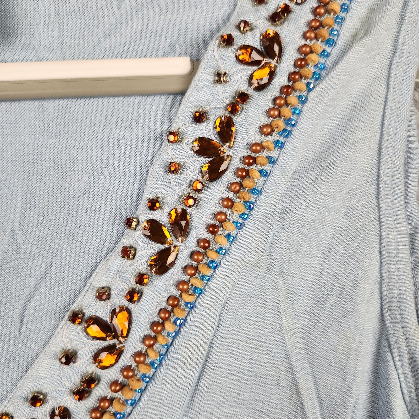 Vintage Motto Tank Top Womens Medium Blue Beaded Rhinestone Embellished Boho 90s