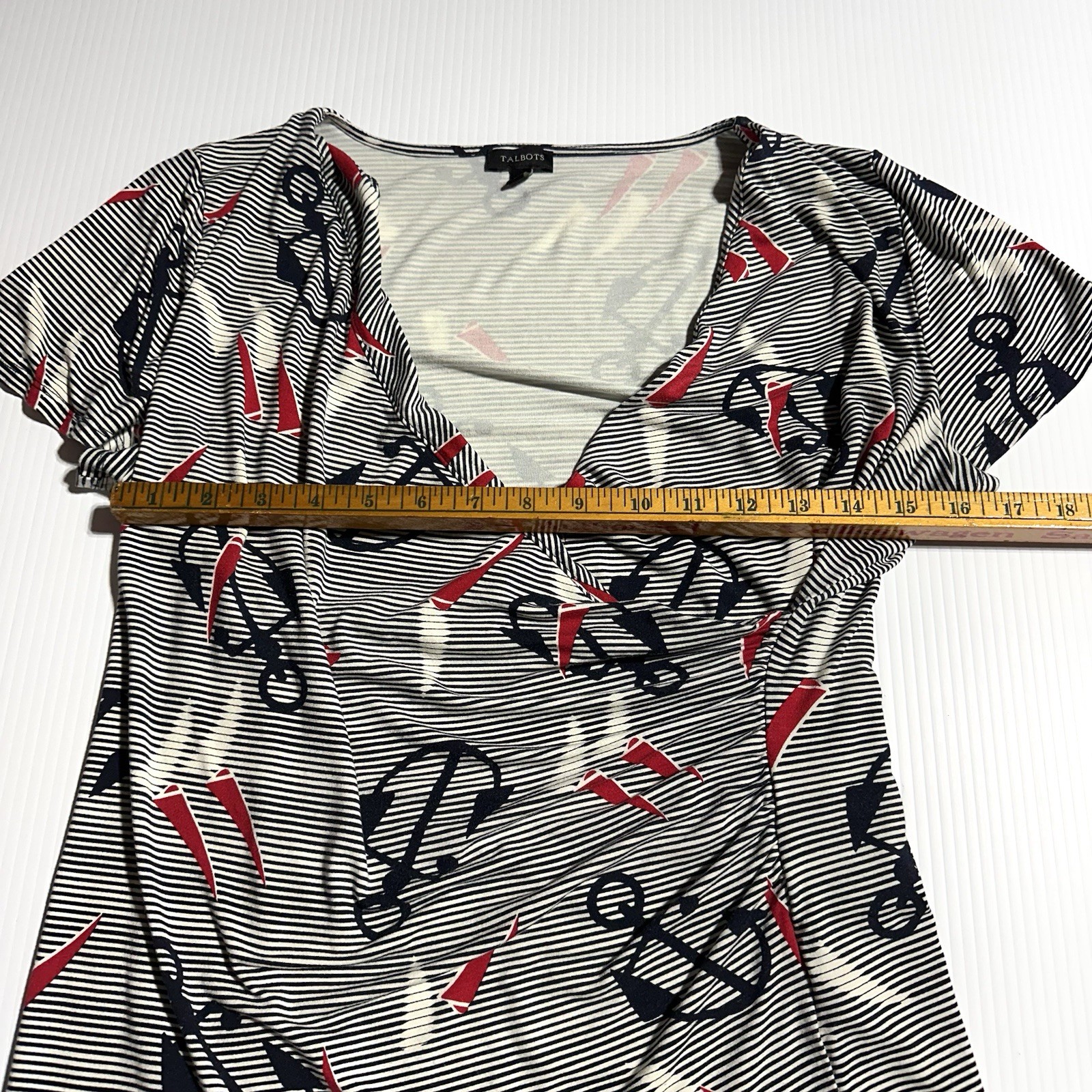 Talbots Women’s Faux Wrap Top Nautical Anchor Stripe Short Sleeve Size L Large