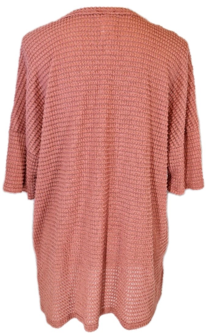 NWT BIBI Waffle-knit Open Crochet V-Neck Short Sleeve Tunic Top Chest Pkt Coral