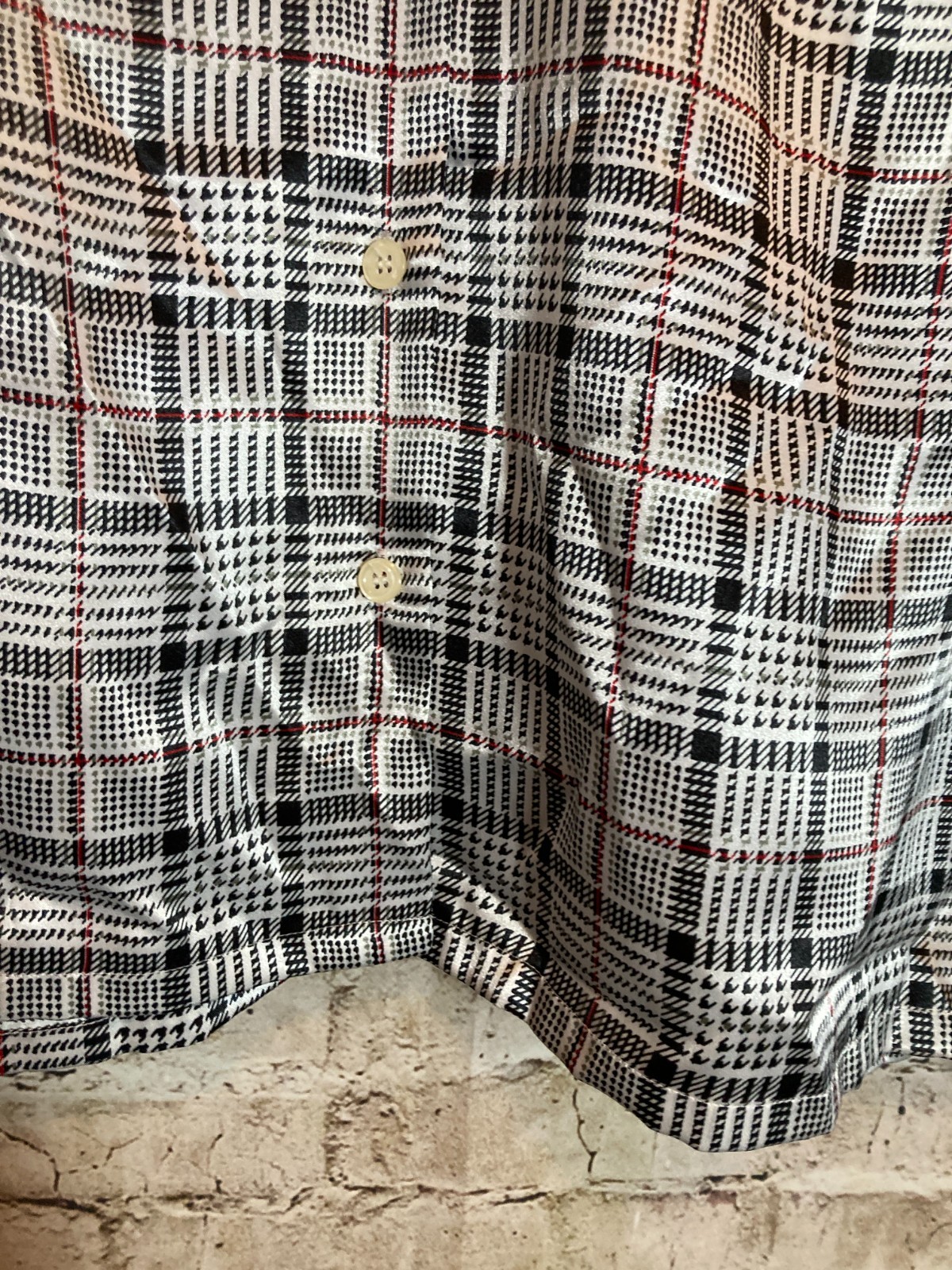 Koret Top Women 14 Black White & Red Houndstooth Satin Button Up Tie Neck Office